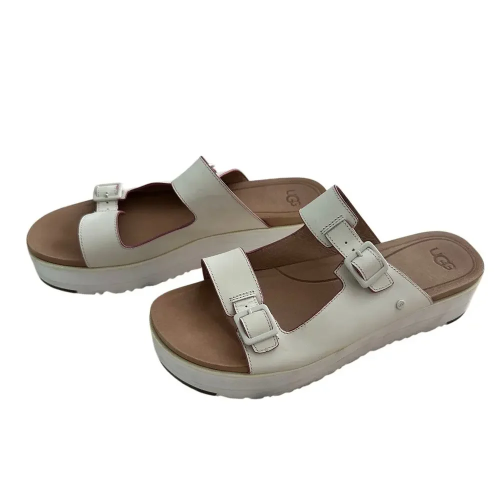 UGG Hanneli Leather Slide Platform Sandals - White Adjustable Straps - SZ 11